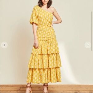 Veronica Beard Yellow Gold Virginia One Shoulder Tiered Maxi Dress Size 4